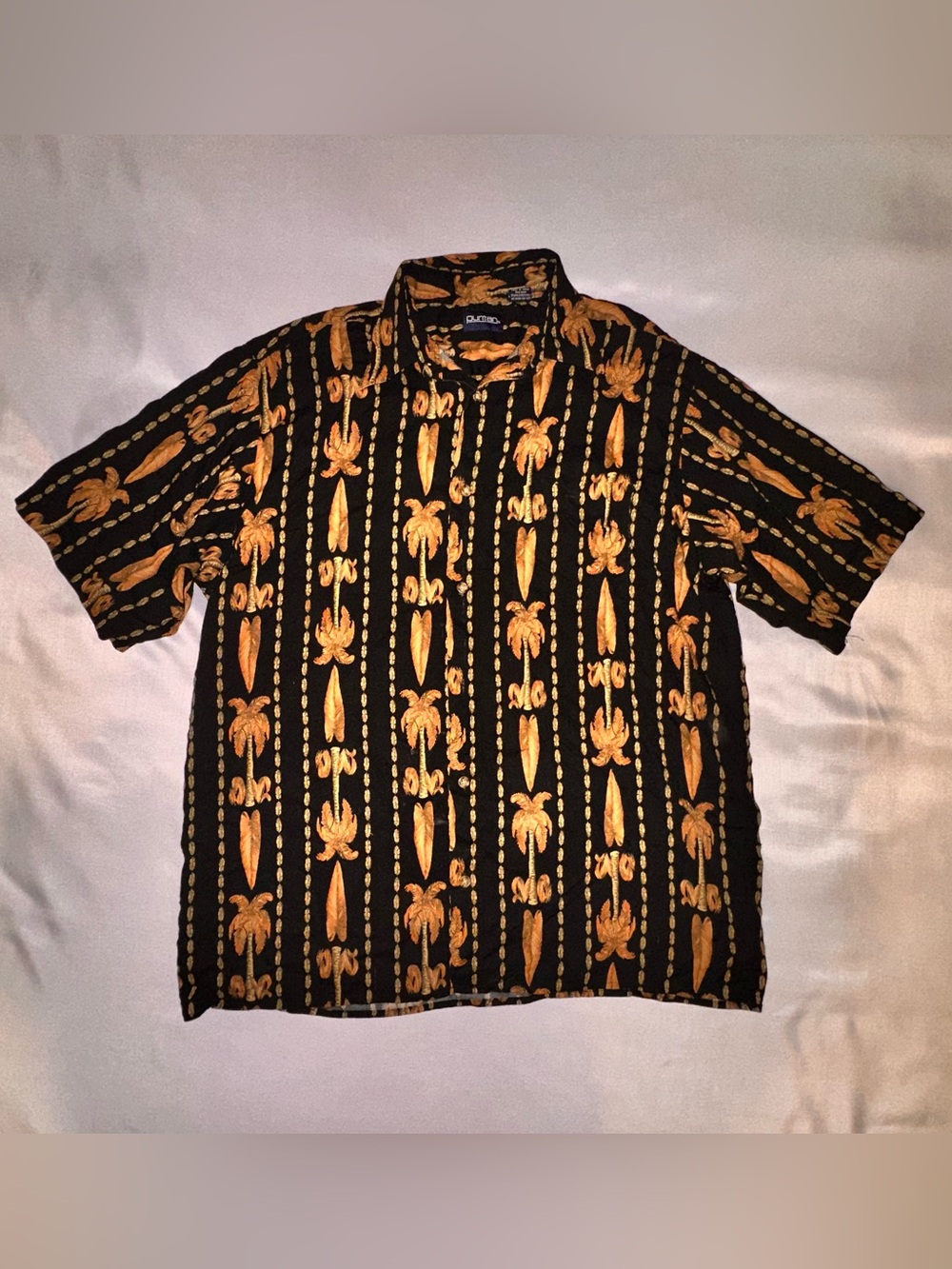 Vintage Puritan Black Short Sleeve Button-Down Shirt with Gold Palm Print